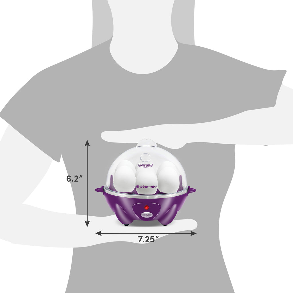 Dimensions of egg cooker. 6.2" Height, 7.25" Diameter.