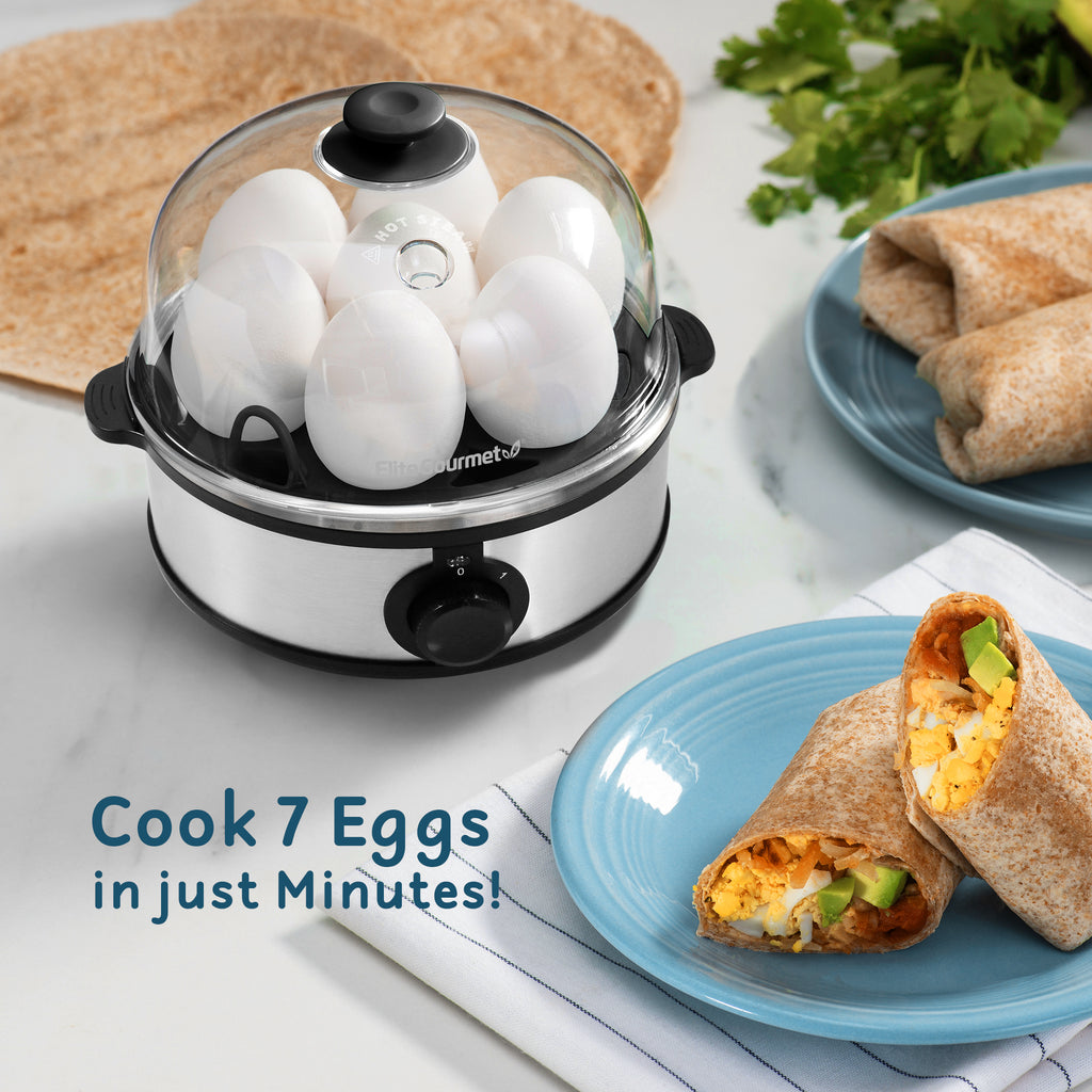 Cook 7 eggs in just minutes. Egg cooker next to plates of breakfast egg burritos.