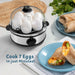 Cook 7 eggs in just minutes. Egg cooker next to plates of breakfast egg burritos.