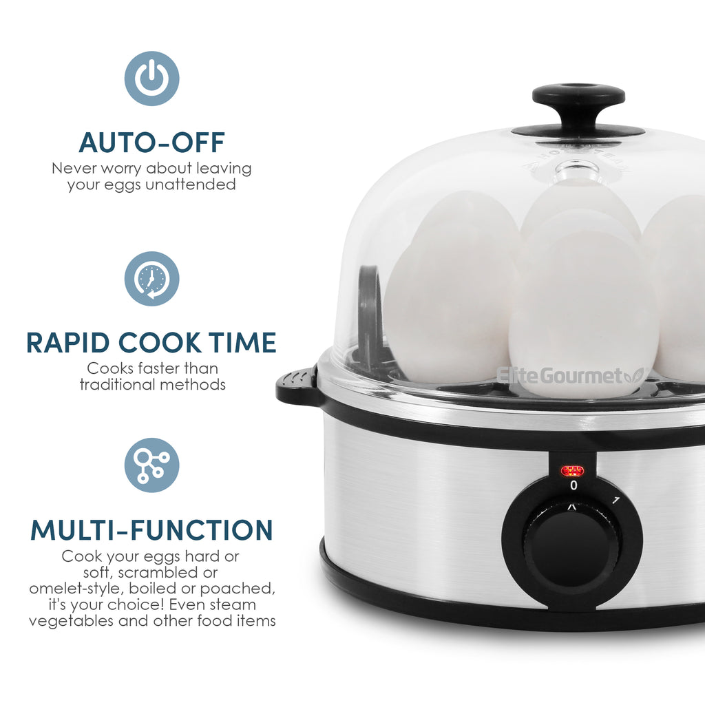 Auto-Off. Never worry about leaving your eggs unattended. Rapid Cooke Time. Cooks faster than traditional methods. Multi-Function, cooks your eggs hard or soft, scrambled or omelet-style. Boiled of poached, it's your choice! Even steam vegetables and other foods.