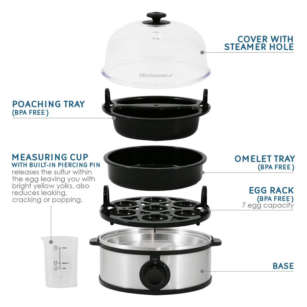 Parts & accessories displayed. Poaching Tray (BPA Free), Measuring cup with built-in piercing pin releases the sulfur with the egg leaving you with bright yellow yolks, also reduces leaking, cracking or popping. Cover with steamer hole. Omelet Tray (BPA Free). Egg rack (BPA Free) 7 egg capacity. Base.