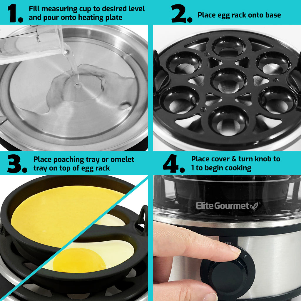 1. Fill measuring cup to desired level and pour onto heating plate. 2. Place egg rack onto base. 3. Place poaching tray or omelet tray on top of egg rack. 4. Place cover & press ON button.