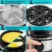 1. Fill measuring cup to desired level and pour onto heating plate. 2. Place egg rack onto base. 3. Place poaching tray or omelet tray on top of egg rack. 4. Place cover & press ON button.