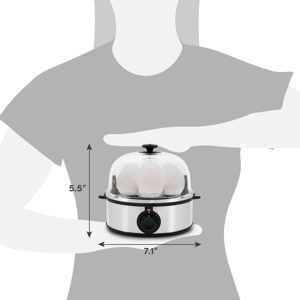 Dimensions of egg cooker. 5.5" Height, 7.1" Diameter.