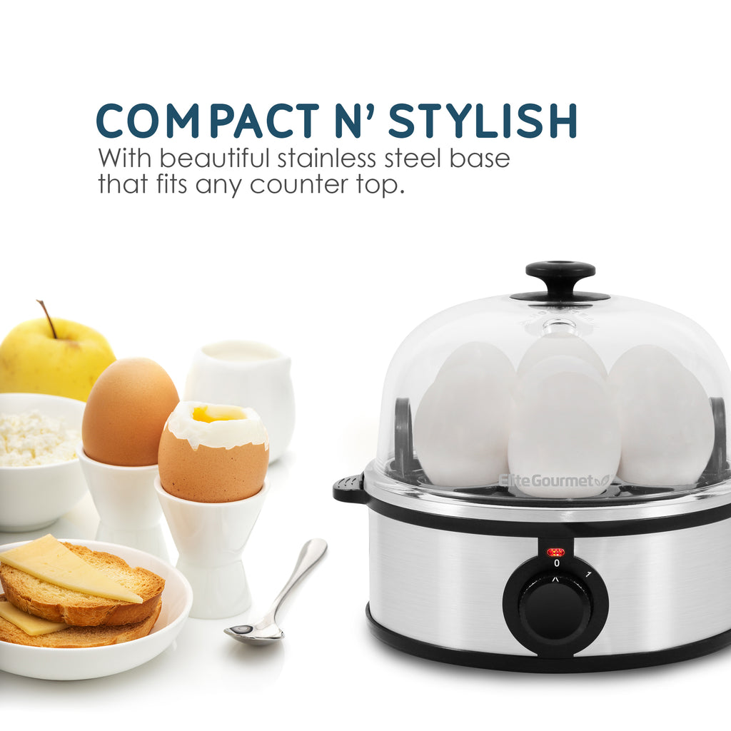 Compact N' Stylish with a beautiful round shape that fits any counter top. Egg cooker next to cooked eggs, fruit and toast.