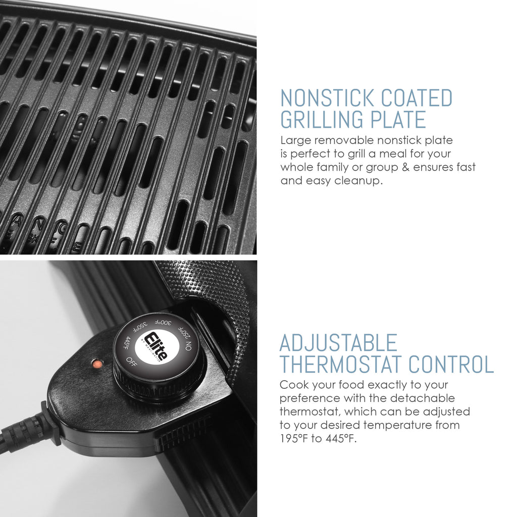 NONSTICK COATED GRILLING PLATE Large removable nonstick plate is perfect to grill a meal for your whole family or group & ensures fast and easy cleanup. ADJUSTABLE THERMOSTAT CONTROL Cook your food exactly to your preference with the detachable thermostat, which can be adjusted to your desired temperature from 195°F to 445°F.