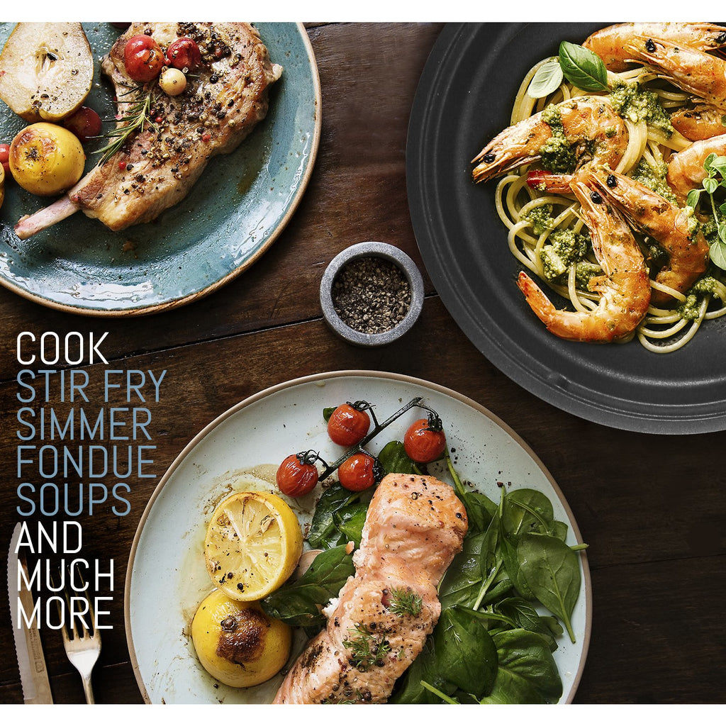 Cook, stir fry, simmer, fondue, soups and much more.  Images of cooked food such as shrimp & pasta, salmon and pork chops.