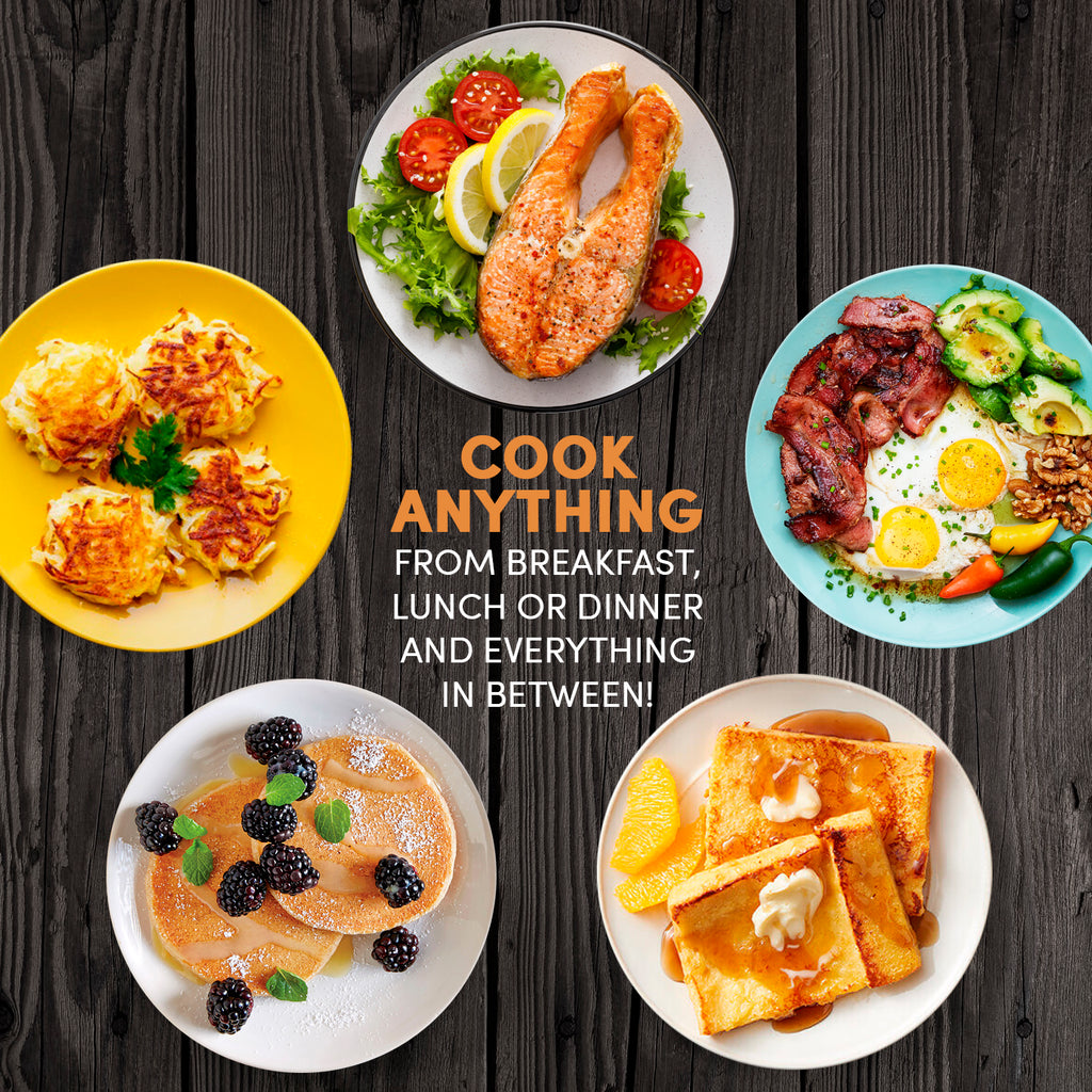 COOK ANYTHING FROM BREAKFAST, LUNCH OR DINNER AND EVERYTHING IN BETWEEN! Various grilled food of dishes.
