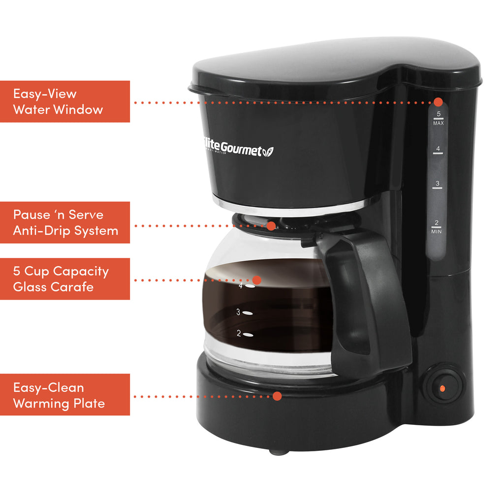 Image showed parts of 5-Cup Automatic Brew & Drip Coffee Maker. Easy-View Water Window, Pause 'n Serve Anti-Drip System, 5 Cup Capacity Glass Carafe, Easy-Clean Warming Plate.