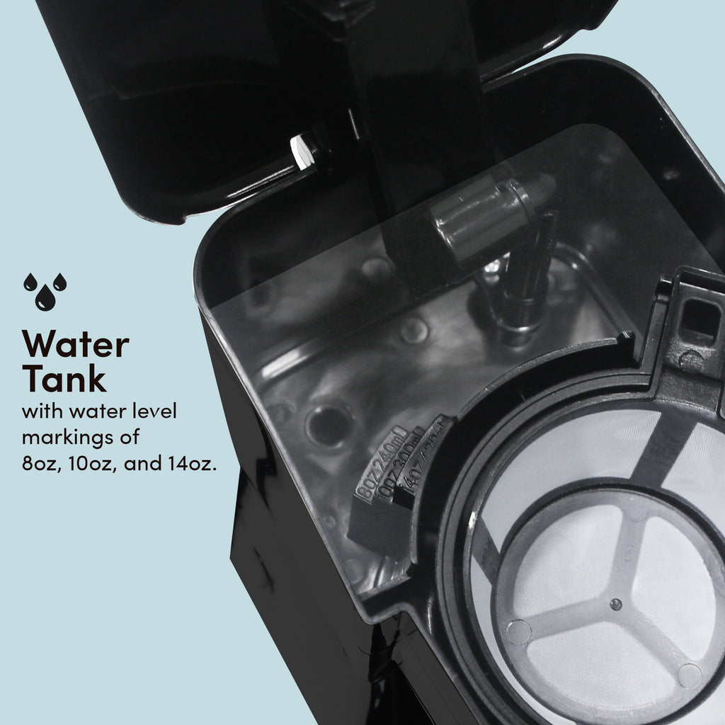 Water Tank with water level markings of 8oz, 10oz, and 14oz. Opened coffee maker