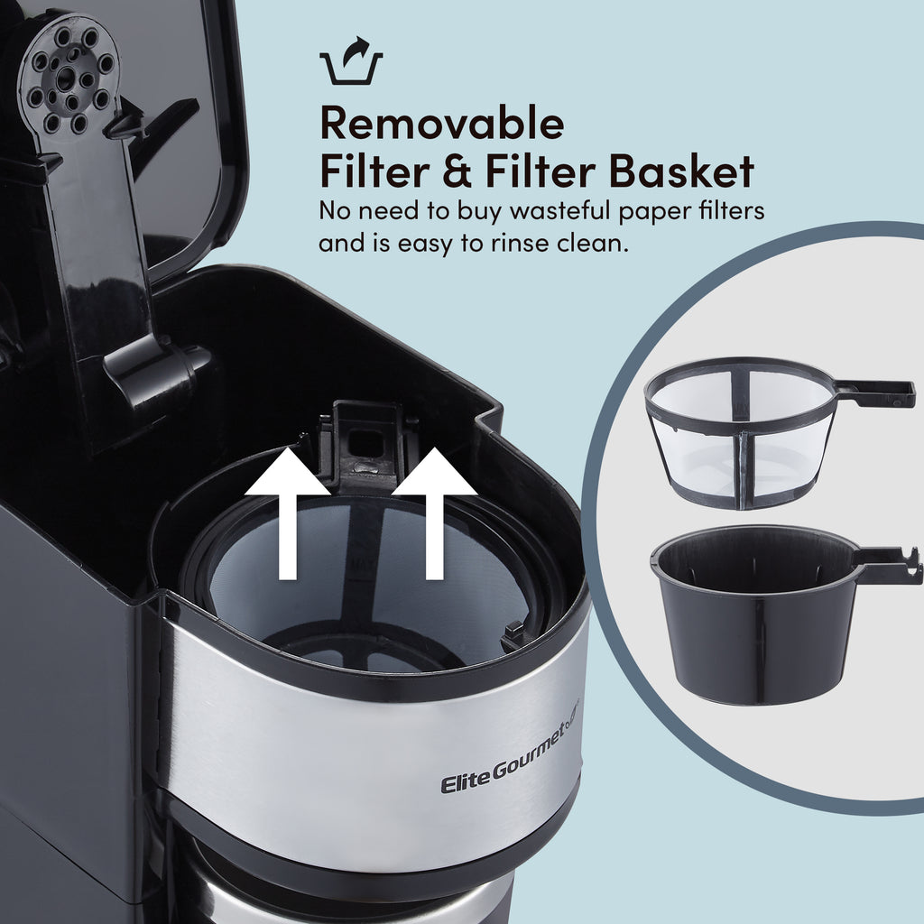 Removable filter & filter basket. No need to buy wasteful paper filters and is easy to rinse clean.
