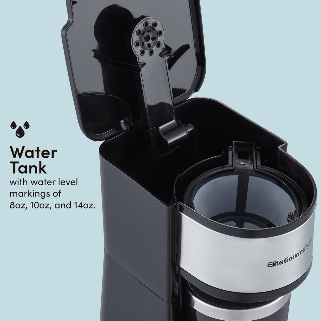 Close up image of the water tank. Water tank with water level markings of 8oz, 10oz, and 14oz.