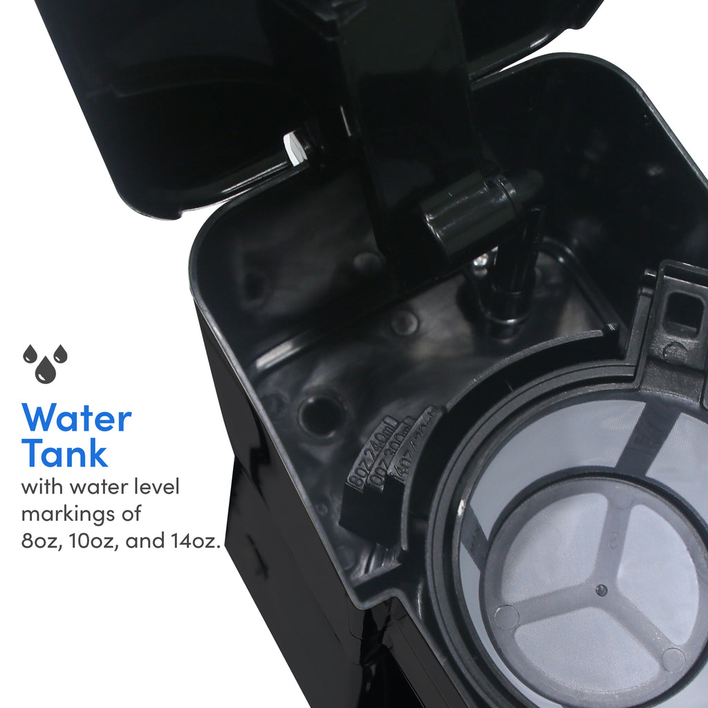 Water Tank with water level markings of 8oz, 10oz, and 14oz. Opened coffee maker