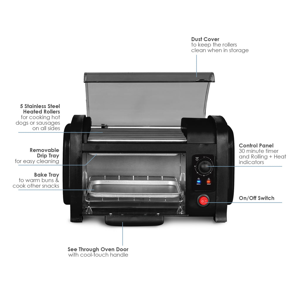 Dust Cover to keep the rollers clean when in storage.  5 Stainless Steel Heated Rollers for cooking hot dogs or sausages on all side.  Removable Drip Tray for easy cleaning.  Bake Tray to warm buns & cook other snacks.  Control Panel 30 minute timer and rolling + heat indicators.  On/Off Switch.