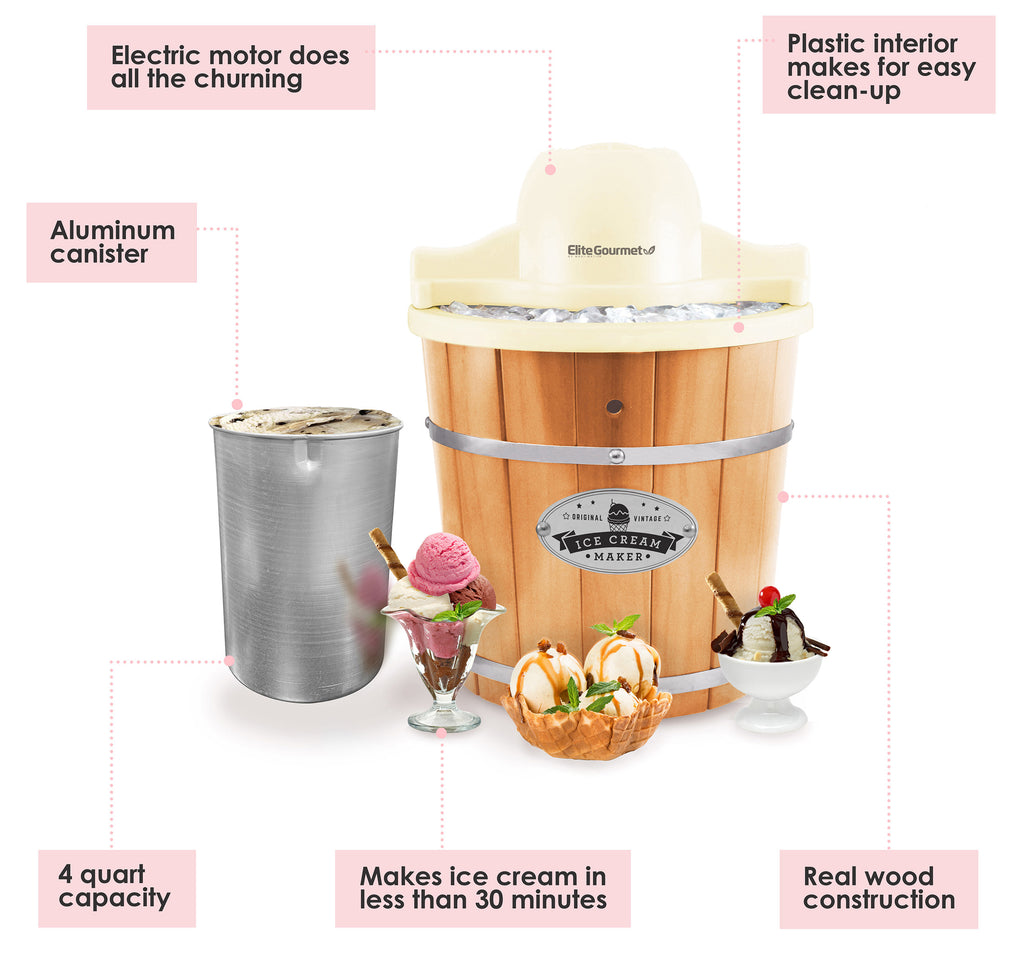 Ice Cream Maker parts : Electric motor does all the churning, Plastic interior makes for easy clean-up, Aluminum canister, Real wood construction, Makes ice cream in less than 30 minutes, 4 quart capacity.