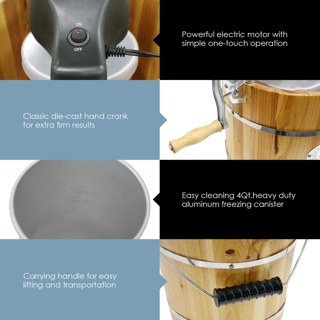 Powerful electric motor with simple one-touch operation, Classic die-cast hand crank for extra firm results, Easy cleaning 4Qt.heavy duty aluminum freezing canister, Carrying handle for easy lifting and transportation.