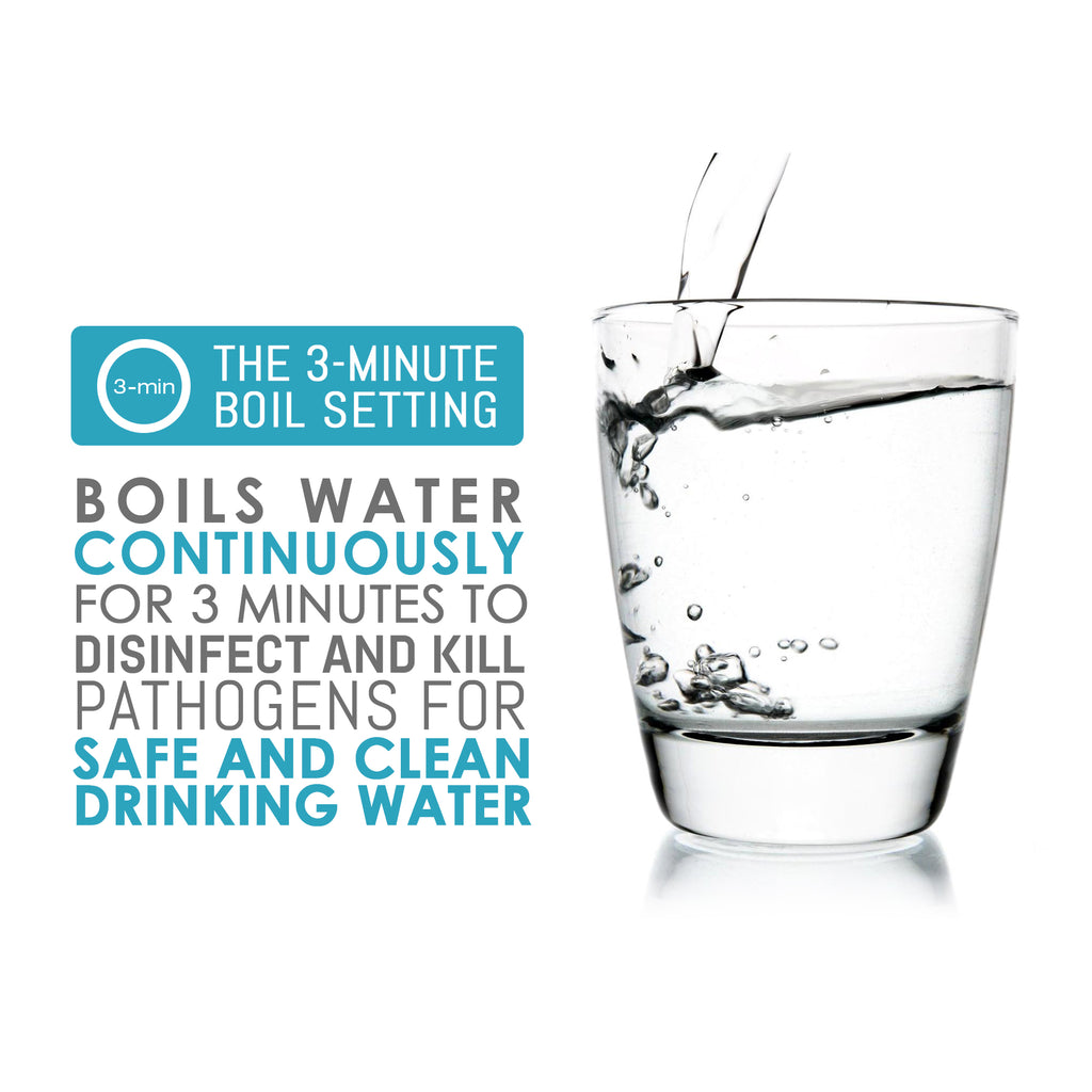 THE 3-MINUTE BOIL SETTING Boils water continuously for 3 Minutes to disinfect and kill pathogens for safe and clean drinking water. Glass of water.
