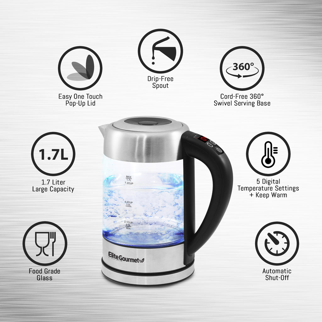 Food Grade Glass 1.7 Liter Large Capacity Easy One Touch Pop-Up Lid Drip-Free Spout Cord-Free 360° Swivel Serving Base 5 Digital Temperature Settings + Keep Warm Automatic Shut-Off