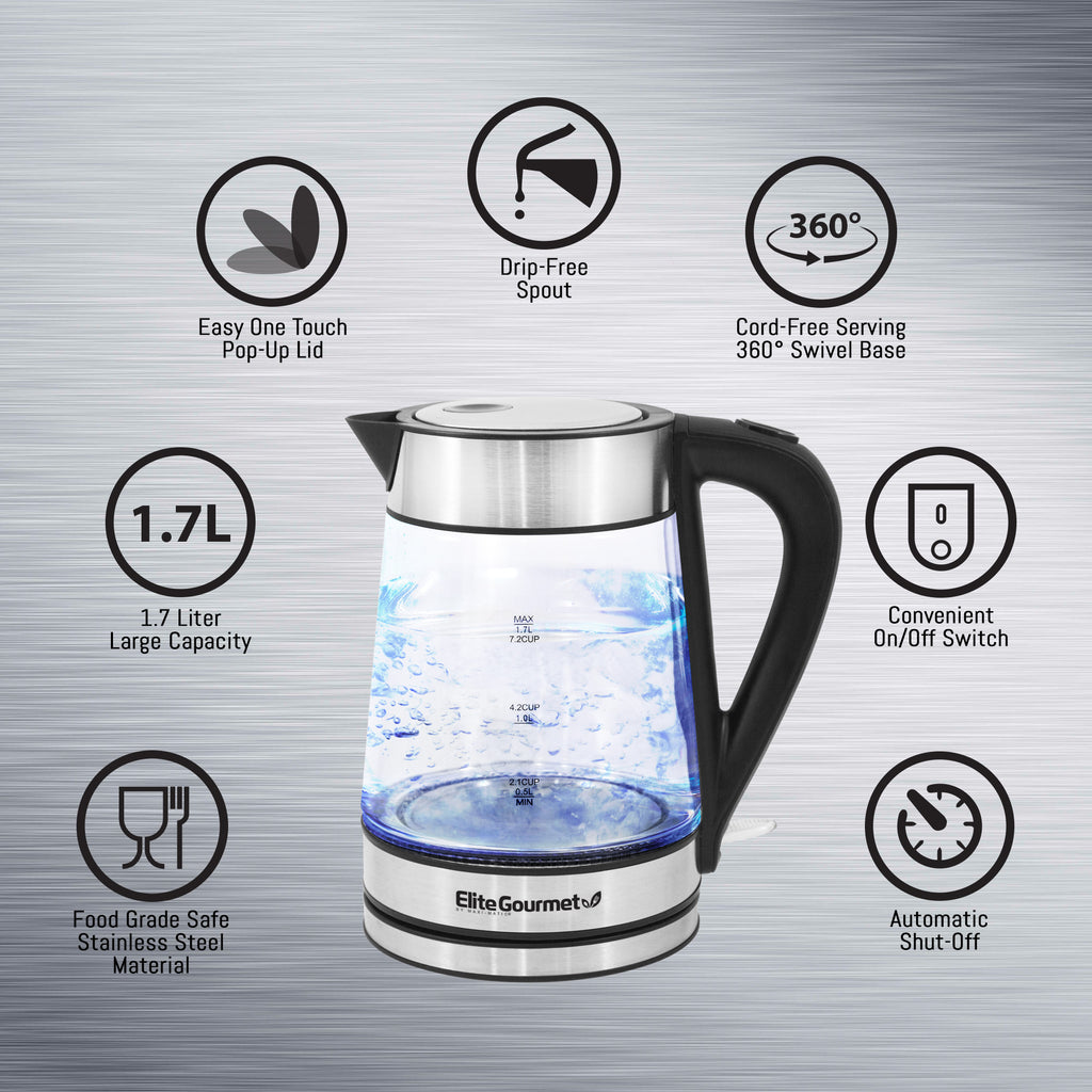 Easy One Touch Pop-Up Lid 1.7 Liter Large Capacity Food Grade Safe Stainless Steel Material Drip-Free Spout Cord-Free Serving 360° Swivel Base Convenient On/Off Switch Automatic Shut-Off