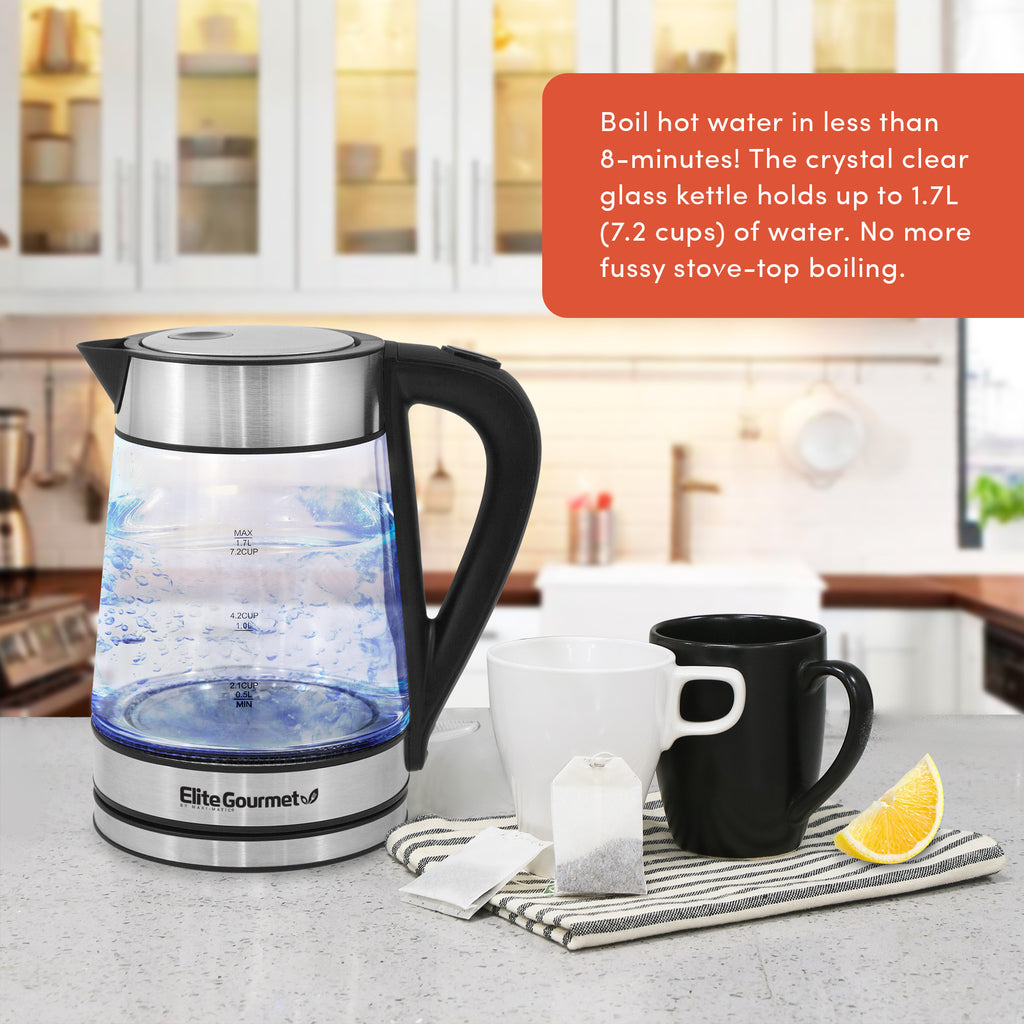 Boil hot water in less than 8-minutes! The crystal clear glass kettle holds up to 1.7L (7.2 cups) of water. No more fussy stove-top boiling.