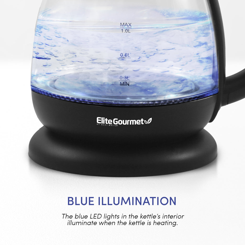 BLUE ILLUMINATION The blue LED lights in the kettle's interior illuminate when the kettle is heating. Showing Elite Gourmet kettle with LED blue illumination. 