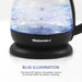 BLUE ILLUMINATION The blue LED lights in the kettle's interior illuminate when the kettle is heating. Showing Elite Gourmet kettle with LED blue illumination. 