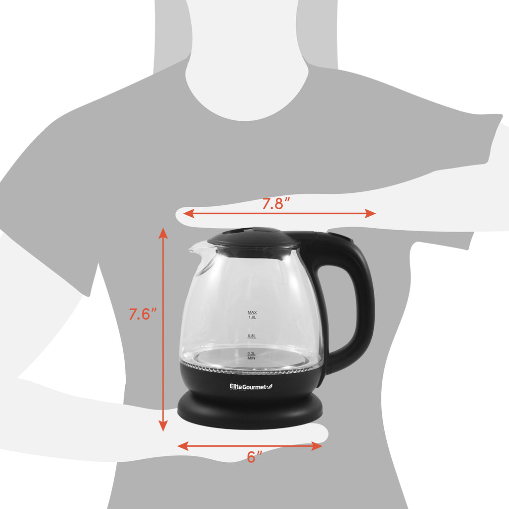 6" Width x 7.6" Heights x 7.8" Width from spout to handle. Showing size comparison of Elite Gourmet kettle. 