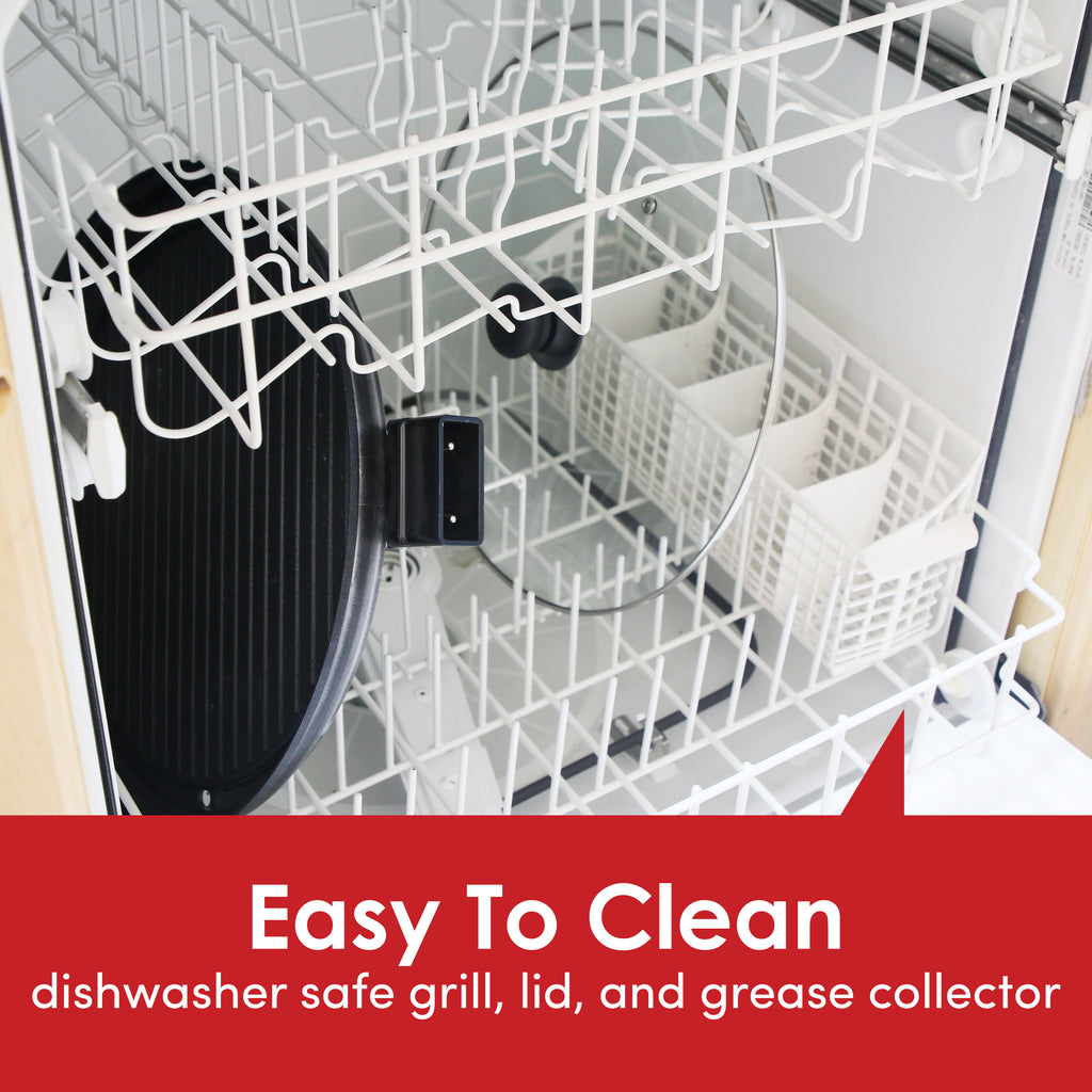 Easy To Clean dishwasher safe grill, lid, and grease collector. Grill parts are inside of the dishwasher.