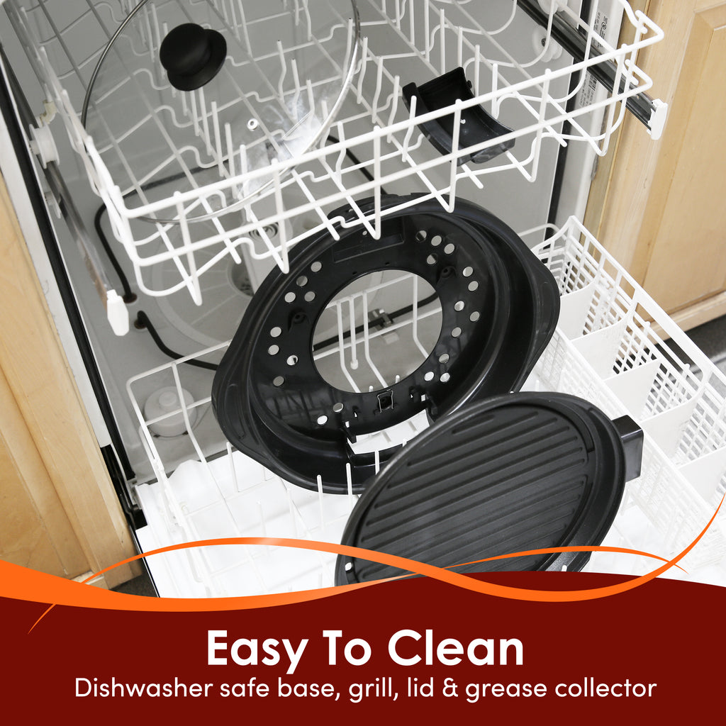 Easy To Clean Dishwasher safe base, grill, lid & grease collector. Grill parts inside of the dishwasher