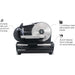 Durable die-cast aluminum housing.  7.5 stainless steel dishwasher safe blade.  Quick release food carriage for easy cleanup.