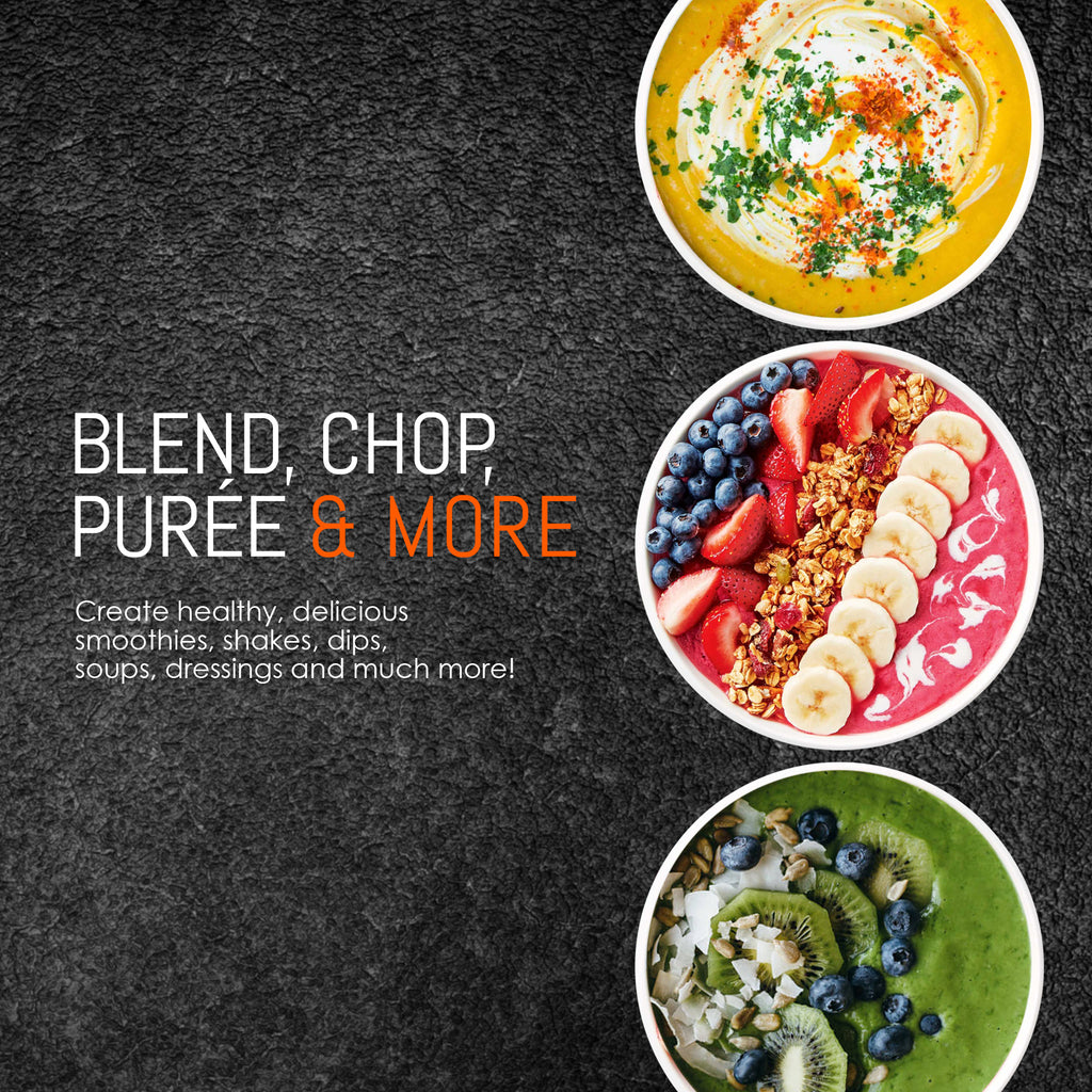 BLEND, CHOP, PURÉE MORE Create healthy, delicious smoothies, shakes, dips, soups, dressings and much more. Showing dips and slices of fruits.
