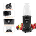 Showing parts of Elite Gourmet blender. Spill-Proof Travel Lids, Anti-slip Rubber Feet, Simple One-Button Operation, BPA Free Blending Jars.