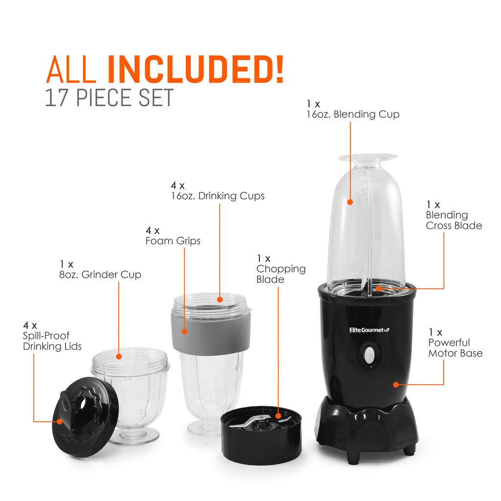ALL INCLUDED! 17 PIECE SET. Showing parts of blender. 4 x Spill-Proof Drinking Lids, 1x 8oz. Grinder Cup, 4x Foam Grips, 4x 16oz. Drinking Cups, 1 x Chopping Blade, 1 x 160Z. Blending Cup, 1X Blending Cross Blade, 1 x Powerful Motor Base.
