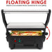 Floating Hinge adjusts to accommodate thicker sandwiches for even grilling.