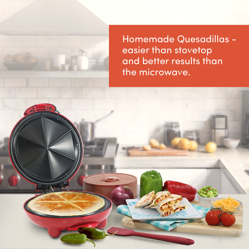Homemade Quesadillas - easier than stovetop and better results than the microwave.  Quesadilla Maker set on kitchen counter next to various ingredients to make quesadillas.