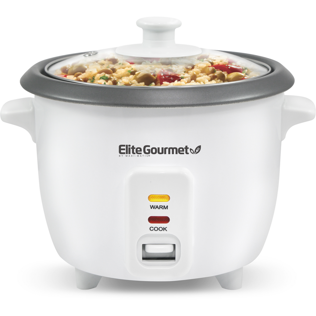 6-Cup Rice Cooker with cooked rice inside.