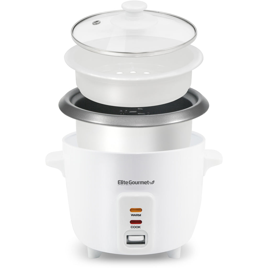 Parts & accessories displayed separately.  Glass lid, steamer basket, rice pot, main rice cooker.