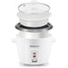 Parts & accessories displayed separately.  Glass lid, steamer basket, rice pot, main rice cooker.