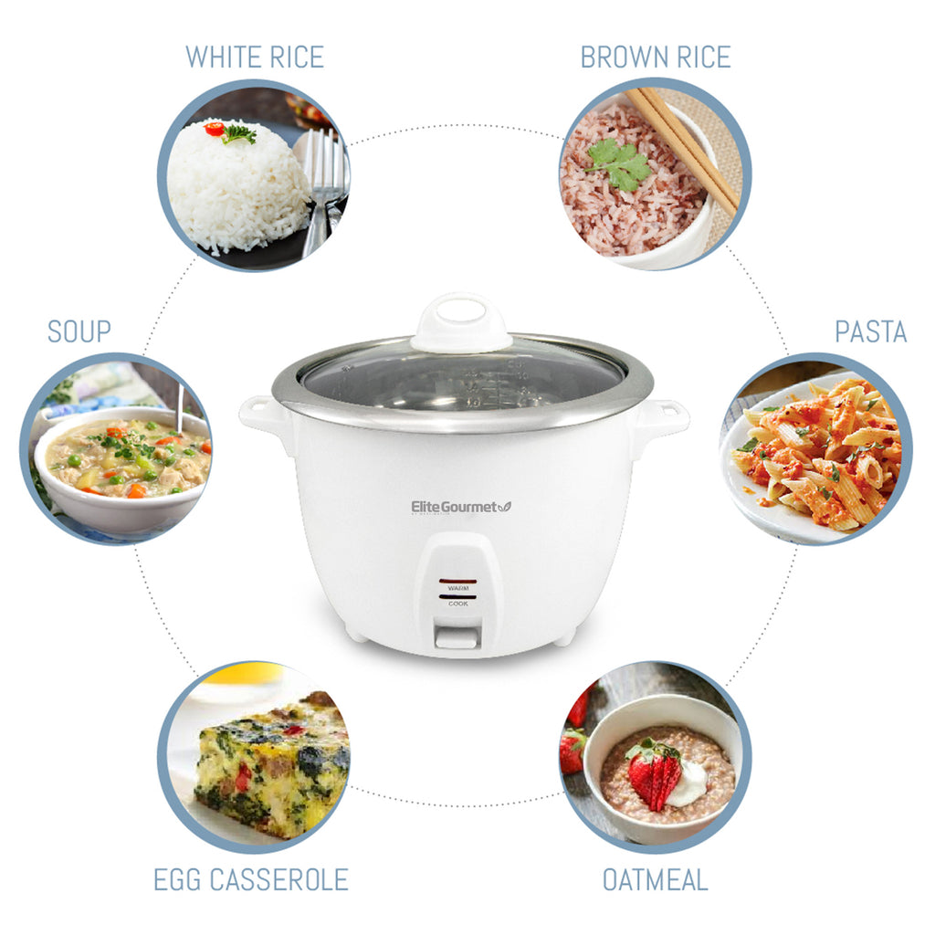 Various cooked foods display around rice cooker.