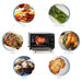 Various cooked foods display around the toaster oven. Pizza, roast, bake, toast, rotisserie, vegetables.