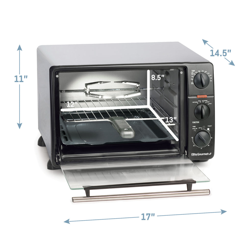 Toaster oven dimensions: 11"H x 17"L x 14.5"W. Interior dimensions: 8.5"H x 12"L x 13"W.