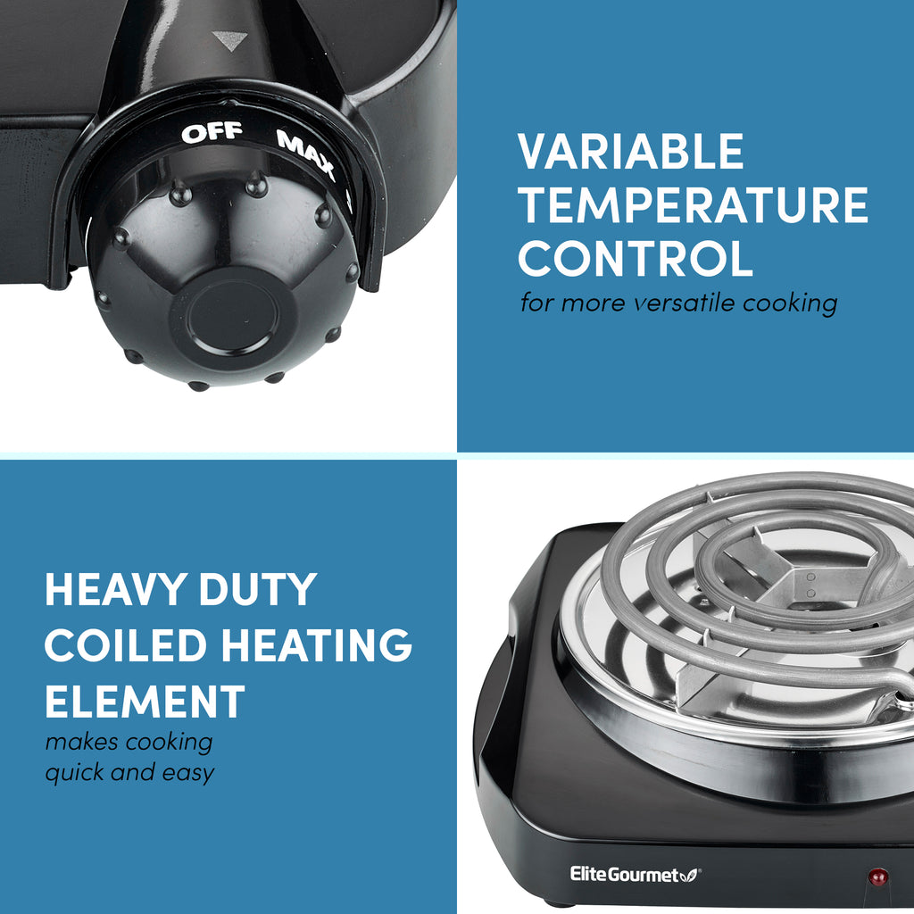Variable temperature control for more versatile cooking.  Heavy duty coiled heating element makes cooking quick and easy.