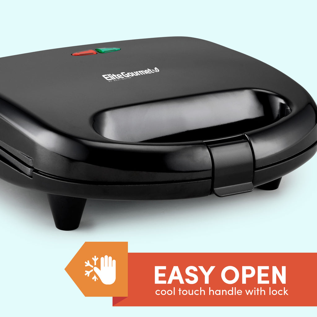 Closed top view of the sandwich maker. Easy open cool touch handle with lock.