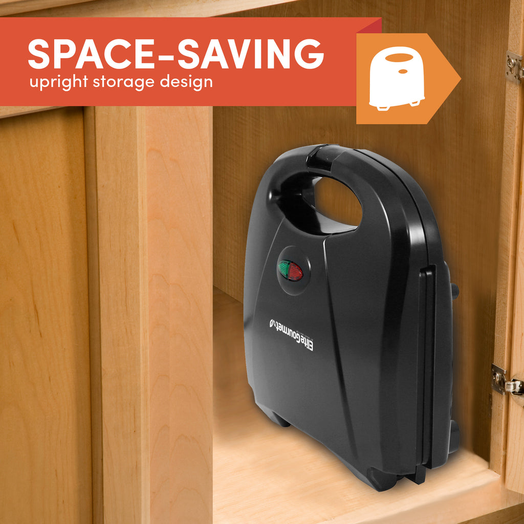 Sandwich maker inside kitchen cabinet. Space-saving upright storage design.