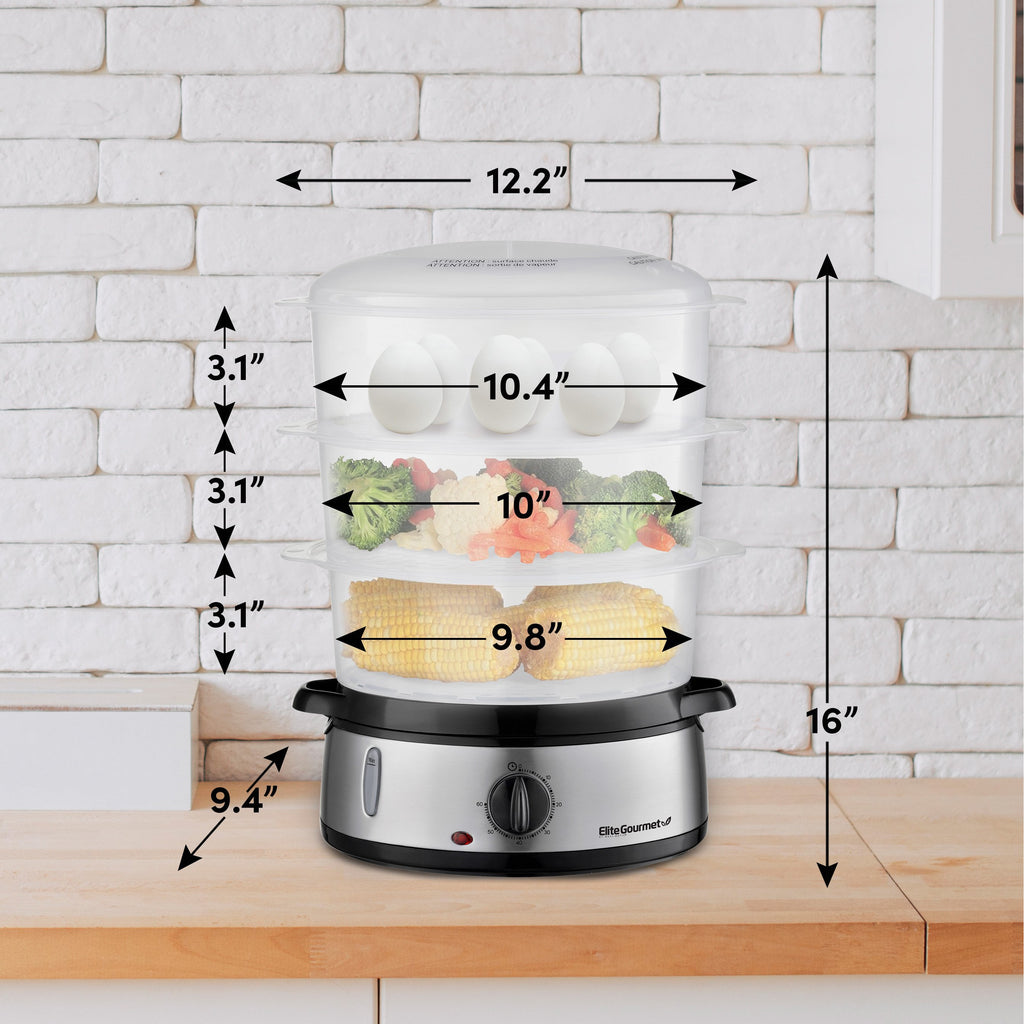 Dimension of Steamer:  12.2" Width, 9.4" Length, 16" Height.  Basket Dimensions:  10.4" Width, 3.1" Height, 10" Width, 3.1" Height, 9.8" Width, 3.1" Height.