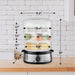 Dimension of Steamer:  12.2" Width, 9.4" Length, 16" Height.  Basket Dimensions:  10.4" Width, 3.1" Height, 10" Width, 3.1" Height, 9.8" Width, 3.1" Height.