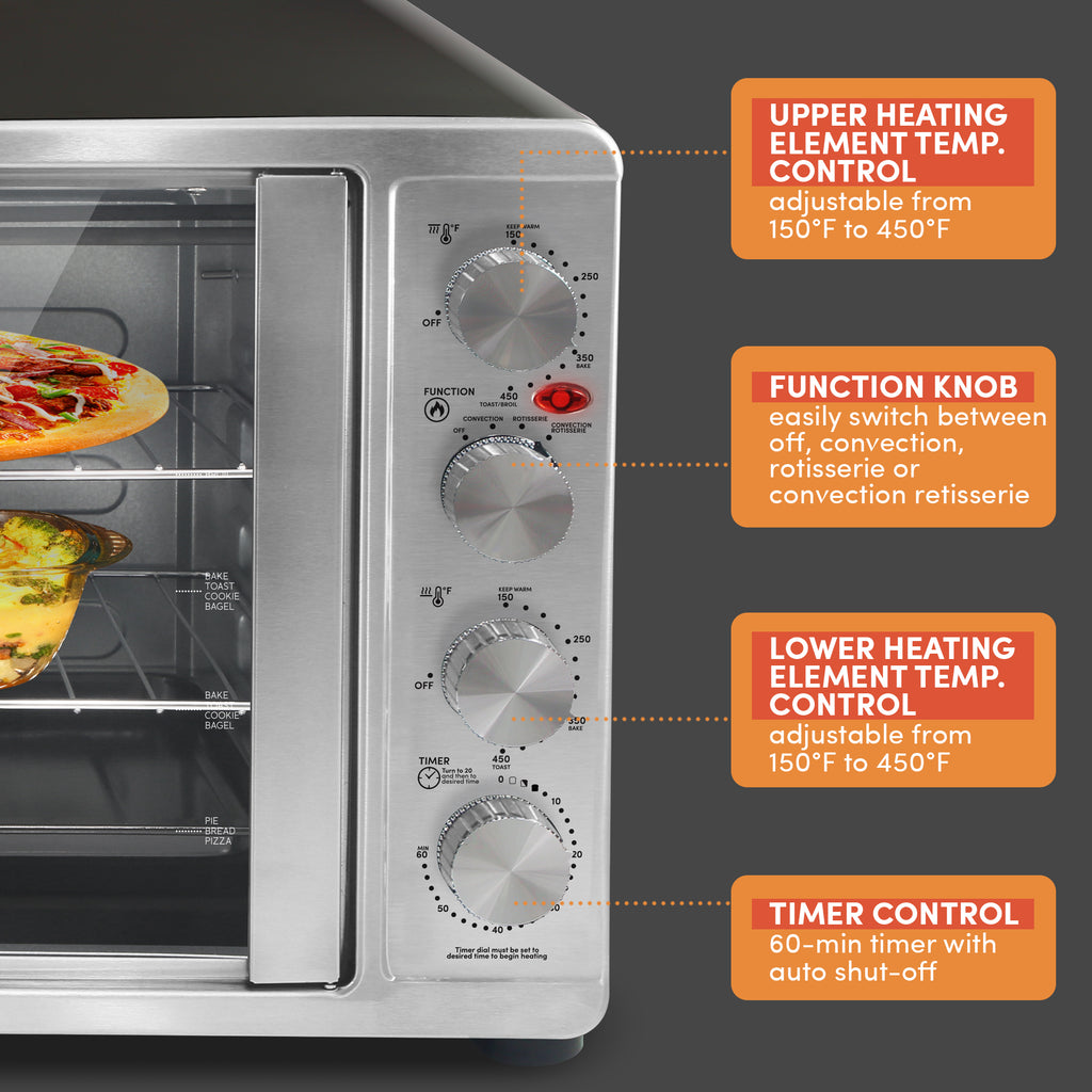 UPPER HEATING ELEMENT TEMP. CONTROL adjustable from 150°F to 450°F, FUNCTION KNOB easily switch between off, convection, rotisserie or convection rotisserie, LOWER HEATING ELEMENT TEMP. CONTROL adjustable from 150°F to 450°F, TIMER CONTROL 60-min timer with auto shut-off.