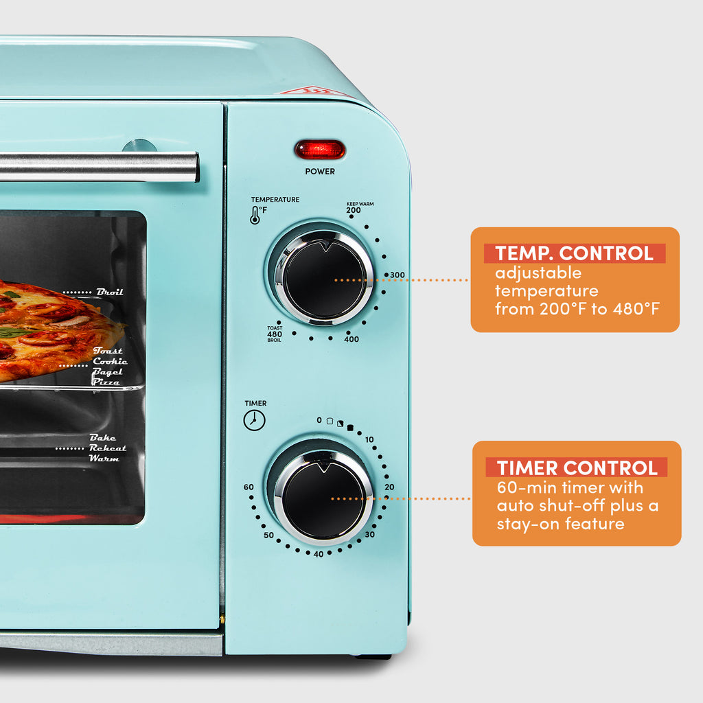 TEMPERATURE CONTROL adjustable temperature from 200°F to 480°F, TIMER CONTROL 60-min timer with auto shut-off plus a stay-on feature.