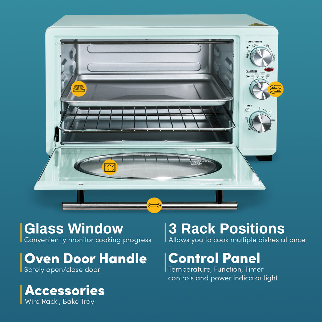 Glass Window conveniently monitor cooking progress.  3 Rack Positions allows you to cook multiple dishes at once.Oven Door Handle safely open/close door. Control Panel temperature, function, timer controls and power indicator light.  Accessories Wire Rack, Bake Tray.