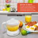 QUICK & EASY! The auto-reversing, electric reamer makes juicing a snap. Simply push down to juice, and release pressure to stop. Citrus Orange Juicer with breakfast foods in the kitchen.